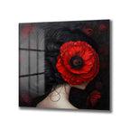 Gizemli Kırmızı Haşhaşlı Kadın Sanat Cam Tablo