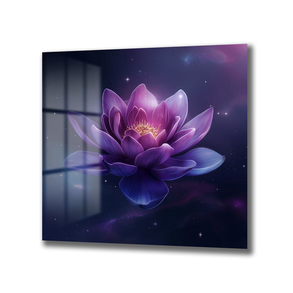 Kozmik Lotus Işıltısı Mor Çiçekli Dekoratif Cam Tablo