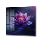 Kozmik Lotus Işıltısı Mor Çiçekli Dekoratif Cam Tablo