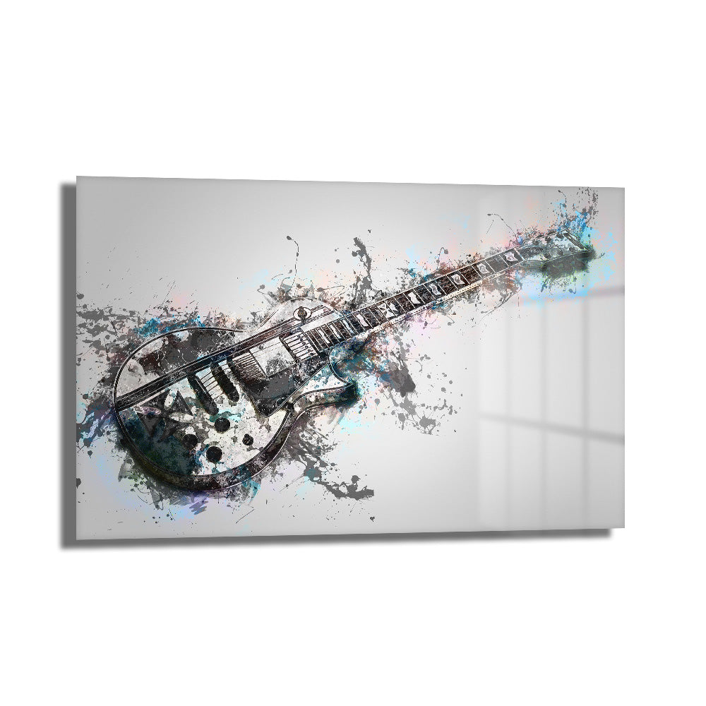 Rock Ruhu: Dinamik Gitar Splash Art Temperli Cam Tablo, patlayıcı renk sıçramaları ve dinamik fırça darbeleriyle birleşen elektro gitar siluetini gösteren modern ve sanatsal bir duvar dekorasyonudur.