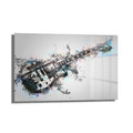 Rock Ruhu: Dinamik Gitar Splash Art Temperli Cam Tablo, patlayıcı renk sıçramaları ve dinamik fırça darbeleriyle birleşen elektro gitar siluetini gösteren modern ve sanatsal bir duvar dekorasyonudur.