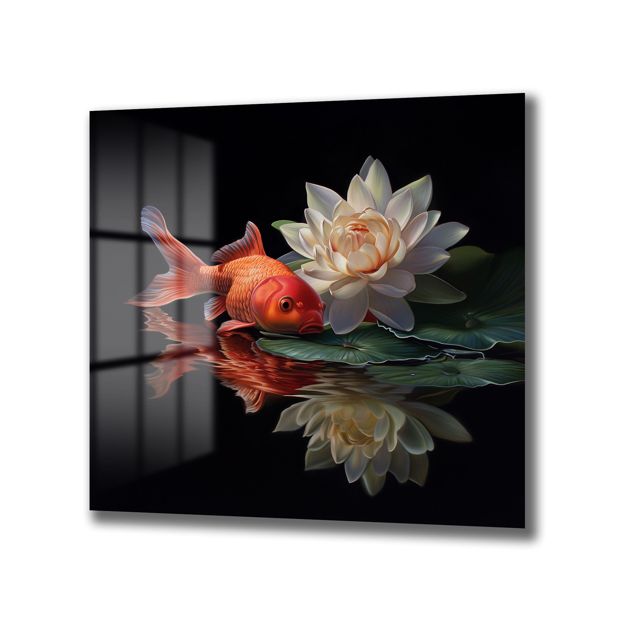 Huzur Veren Altın Balık ve Lotus Cam Tablo