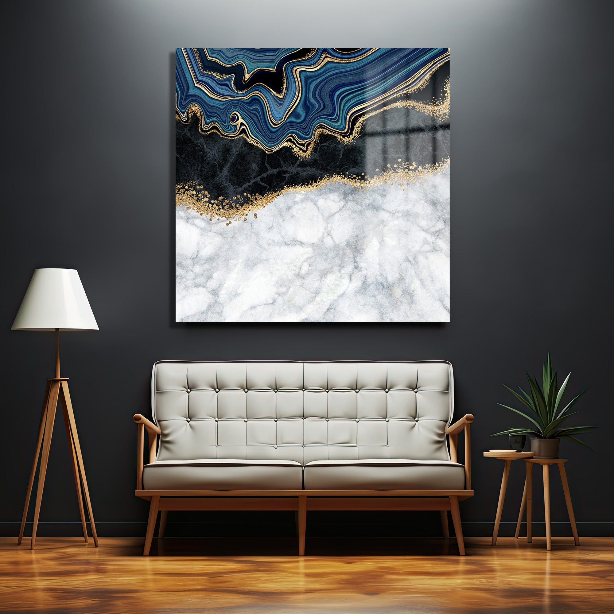 Lüks Geode Mavi ve Altın Desenli Modern Cam Tablo