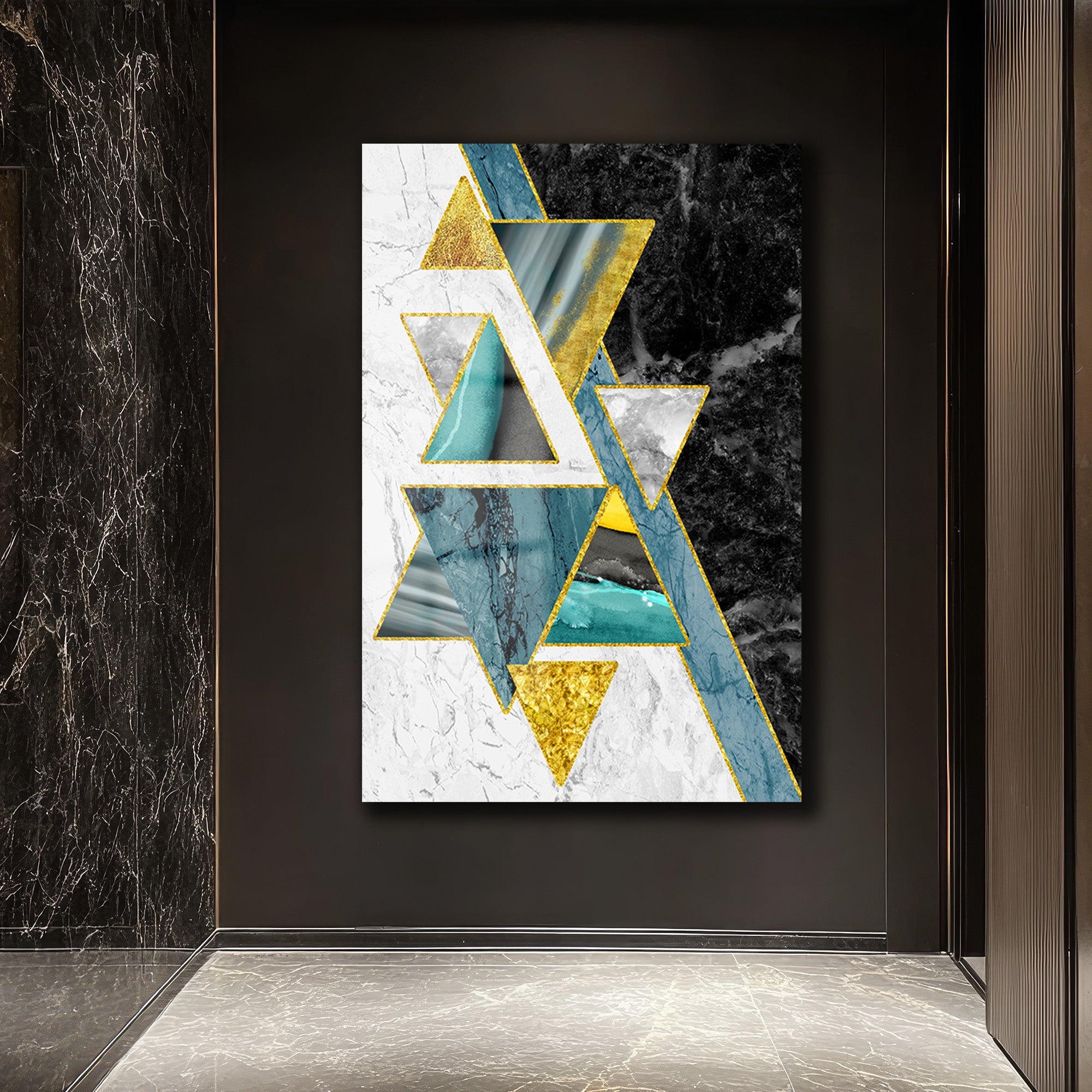 Altın Vurgulu Geometrik Soyut Modern Cam Tablo