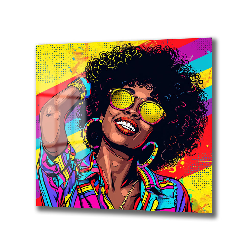 Pop Art Enerjili Renkli Kadın Portresi Cam Tablo