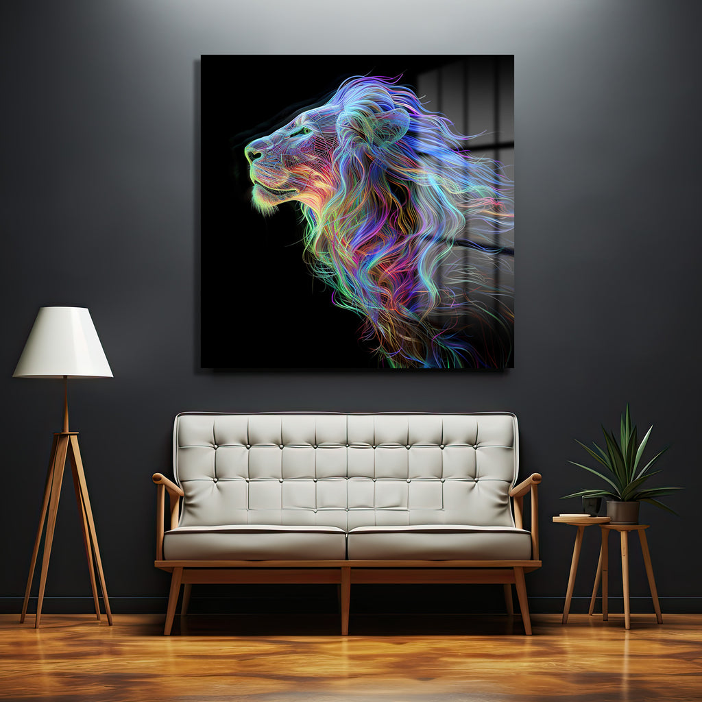 Majestik Neon Aslan Dijital Sanat Cam Tablo