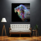 Majestik Neon Aslan Dijital Sanat Cam Tablo