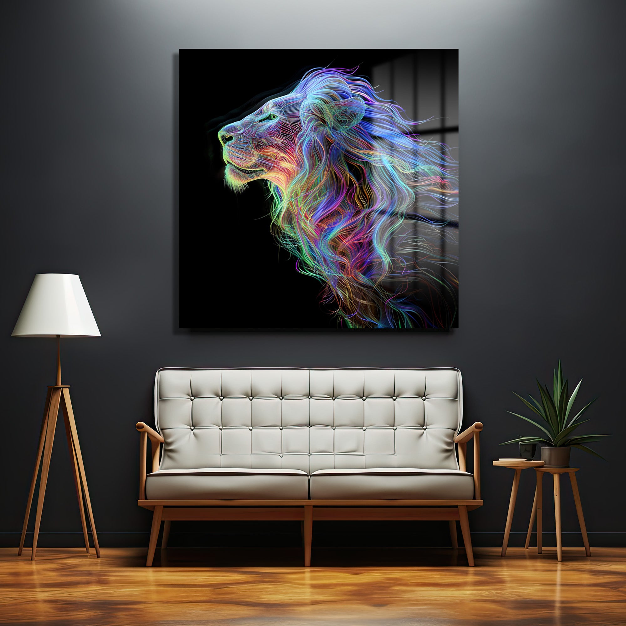 Majestik Neon Aslan Dijital Sanat Cam Tablo