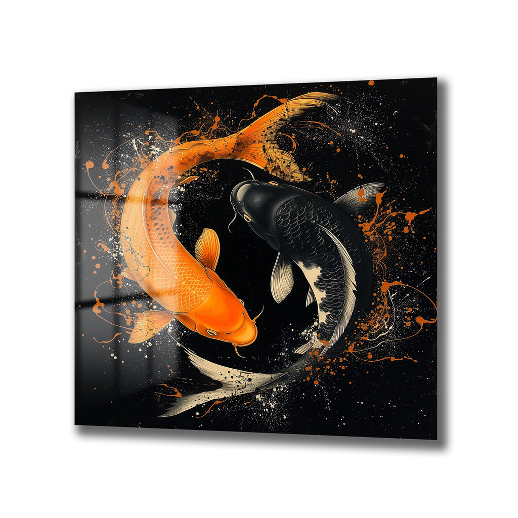 Koi Balığı Yin-Yang Sanatsal Sıçramalar Cam Tablo