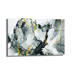 Kintsugi Ruhu: Altın Damarlı Siyah Beyaz Soyut Cam Tablo, siyah, beyaz ve gri tonlarda soyut mürekkep sanatını altın rengi Kintsugi damarlarıyla birleştiren, modern ve dekoratif bir temperli cam duvar sanatı.