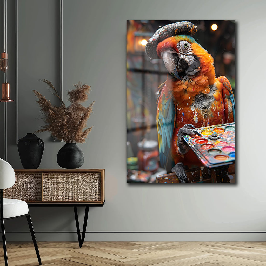 Ressam Papağan: Canlı Renkler ve Sanatçı Ruhu Temalı Modern Cam Tablo