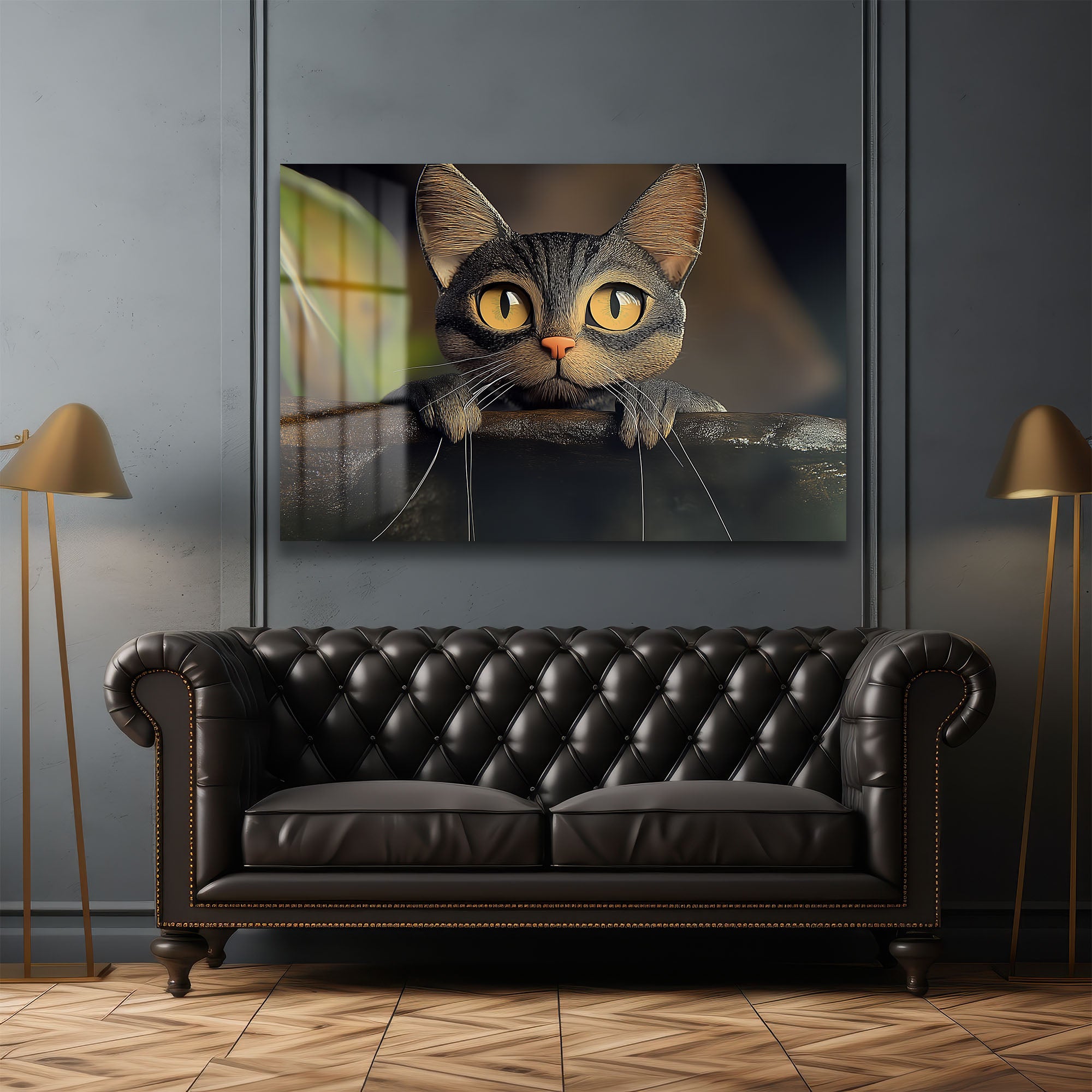 Büyüleyici Gözler: Meraklı Kedi Temalı Modern Dekoratif Cam Tablo