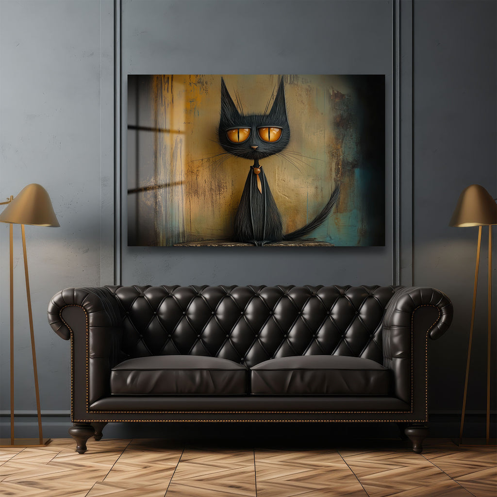 Gizemli Bakışlı Kara Kedi: Modern Sanat Temperli Cam Tablo