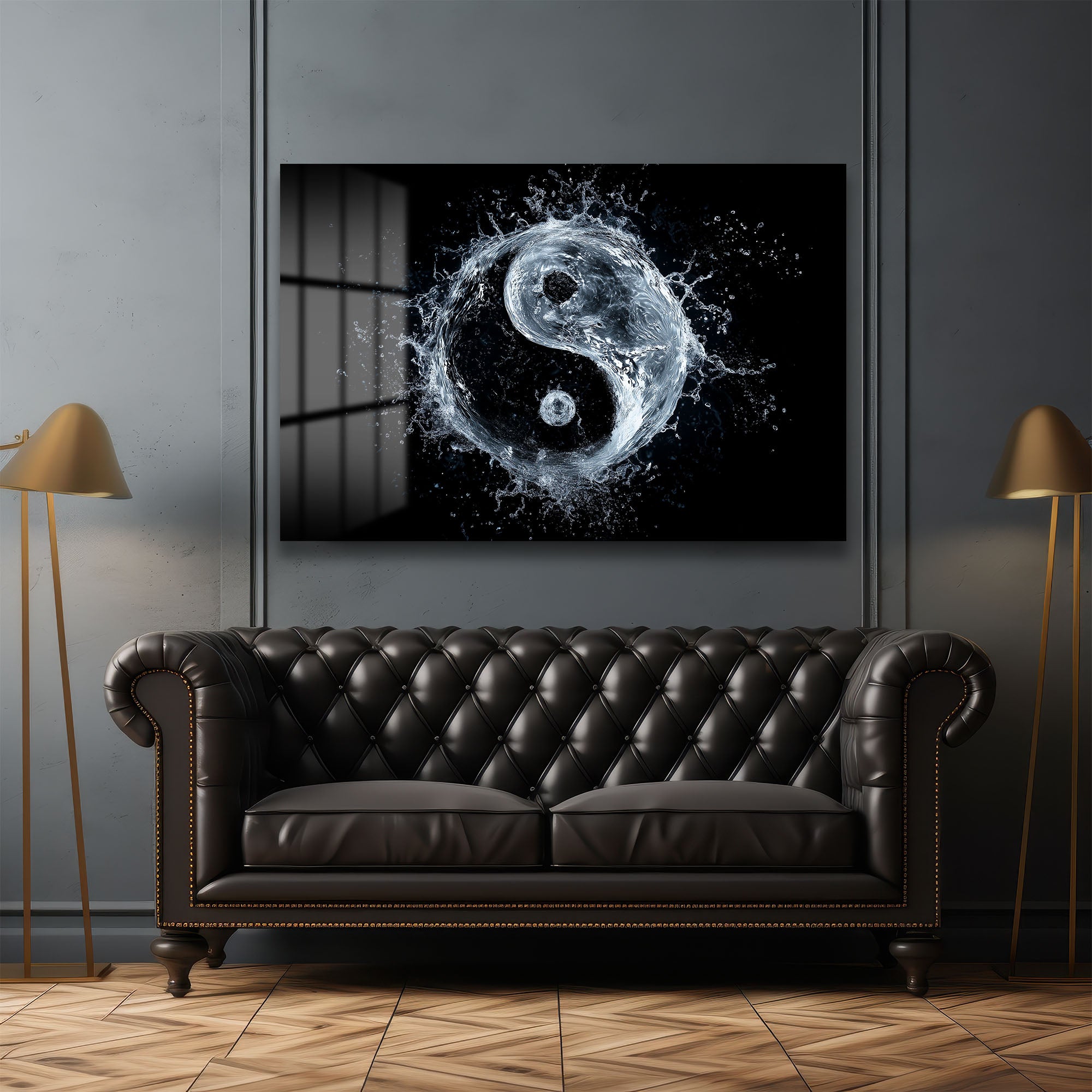 Dinamik Su Yin Yang: Modern Denge Temalı Temperli Cam Tablo