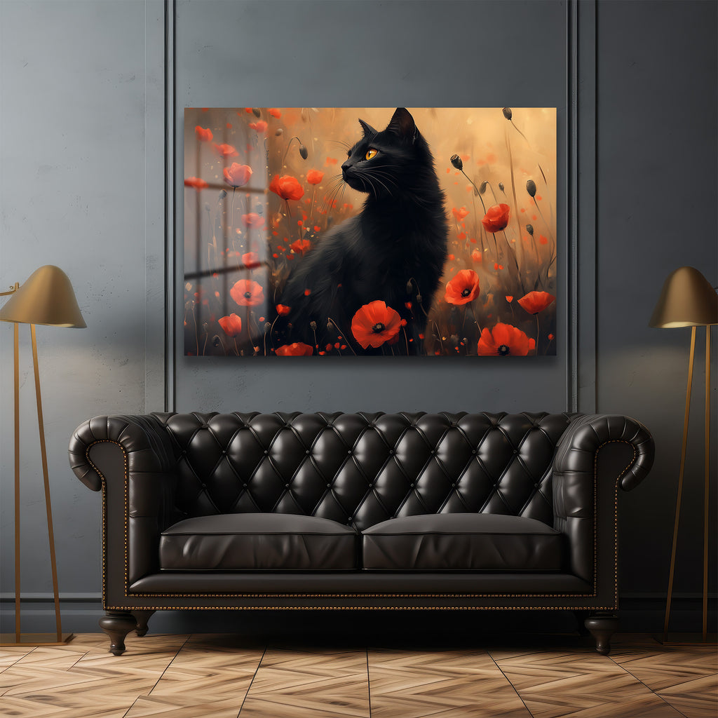 Kırmızı Gelincik Tarlasında Gizemli Siyah Kedi: Sanatsal Cam Tablo