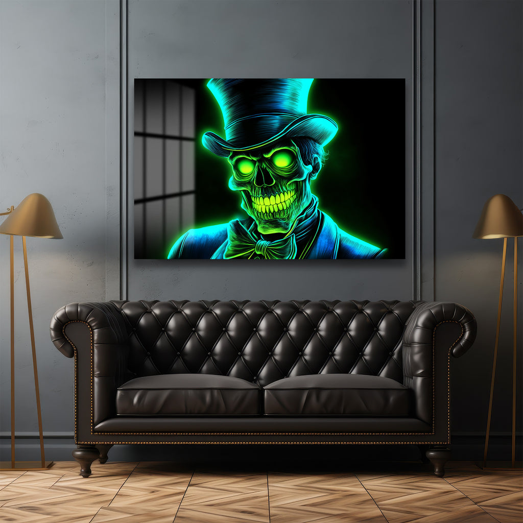 Neon Centilmen: Işıltılı Yeşil İskelet Cam Tablo - Modern Duvar Dekorasyonu