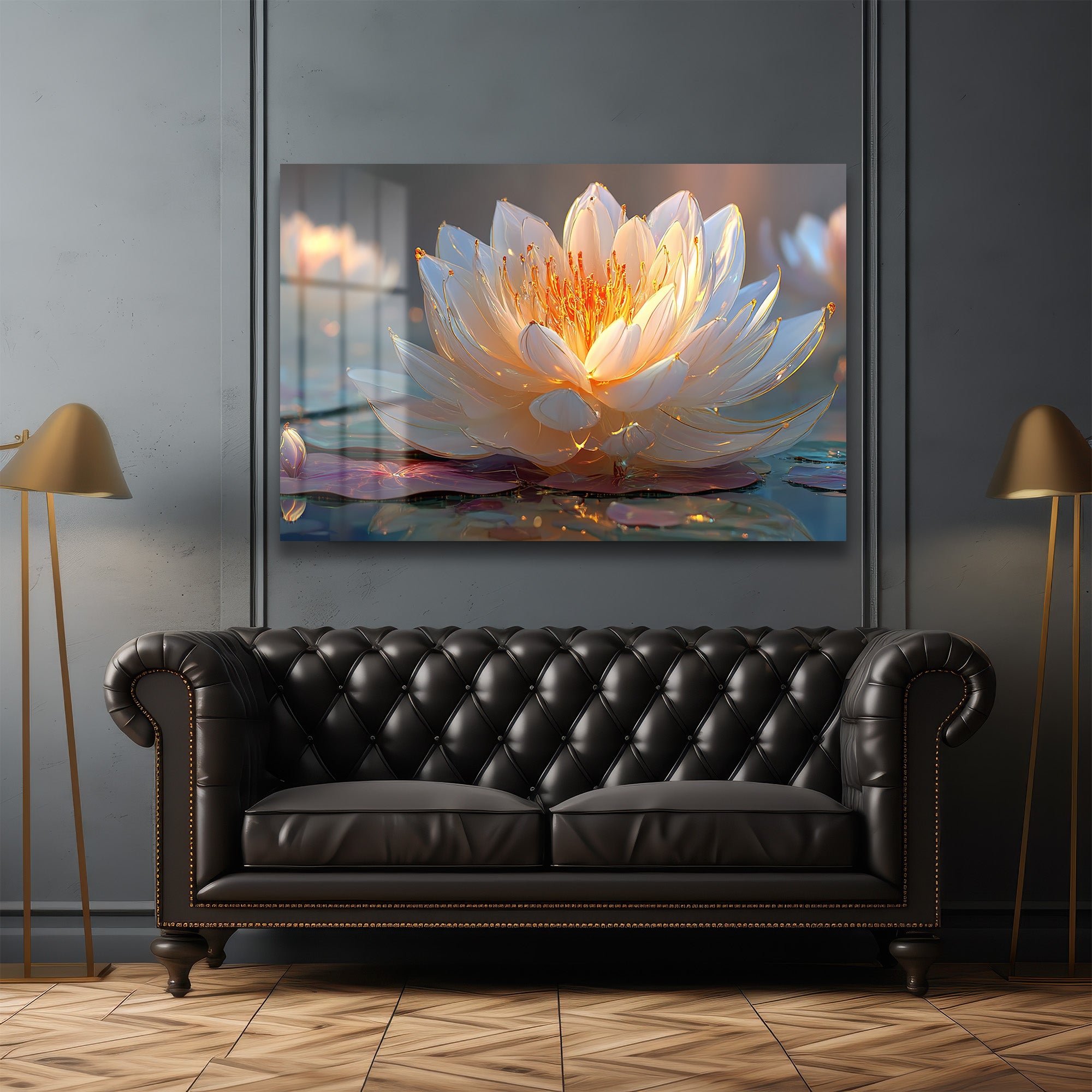 Altın Işıltılı Lotus: Huzur Veren Modern Cam Tablo