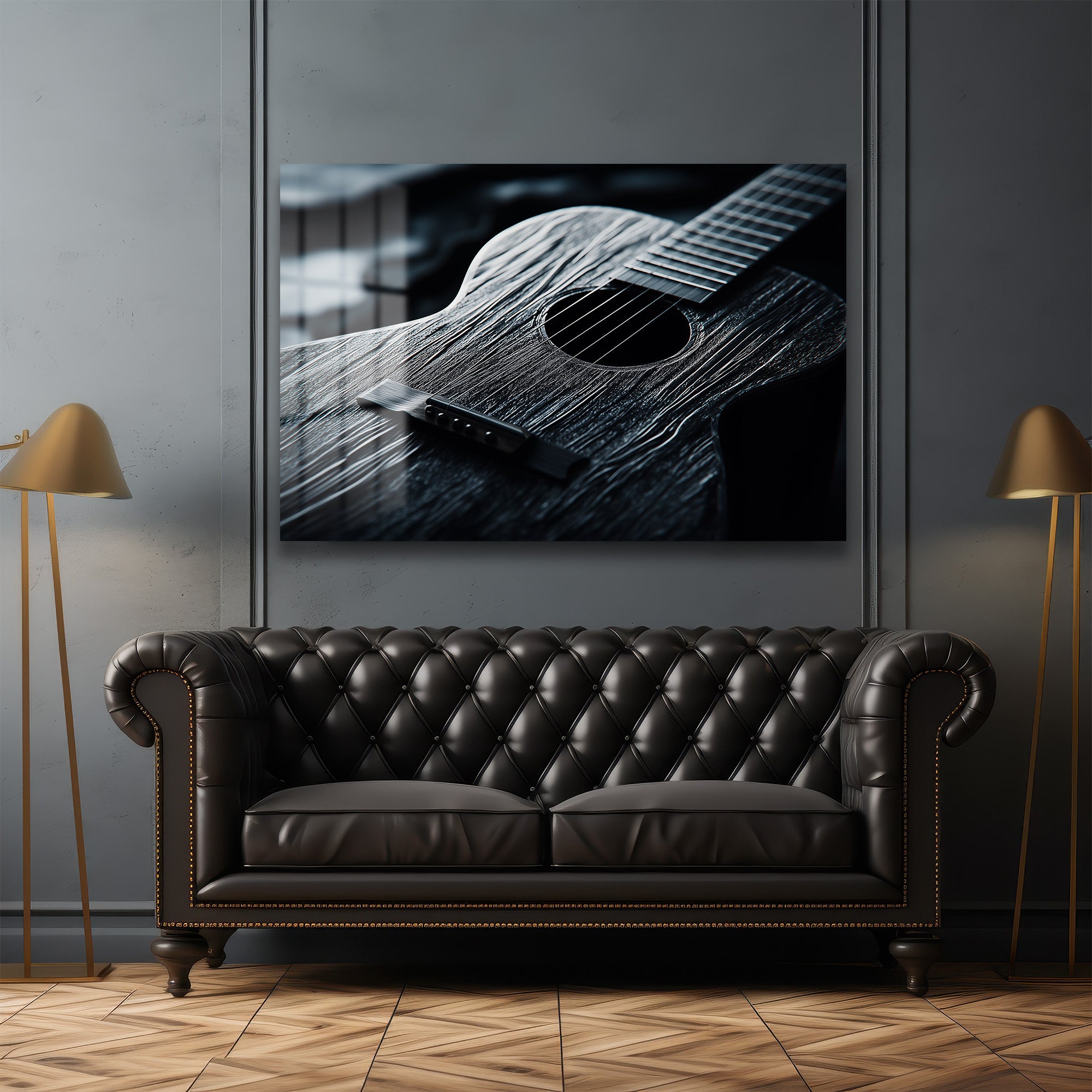 Melankolik Akorlar: Modern Dokulu Gitar Cam Tablo