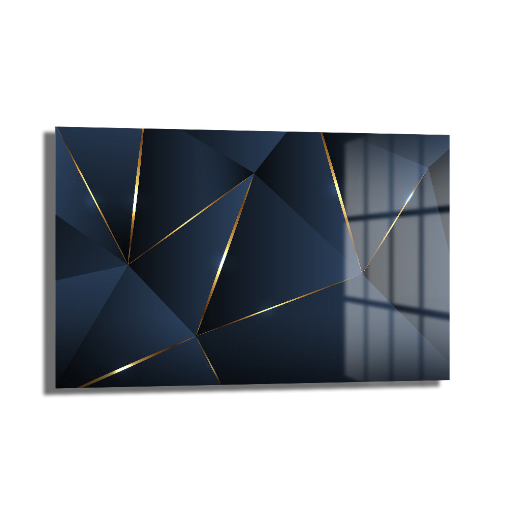 Geometrik Altın Dokunuşlar: Lacivert Modern Cam Tablo ürünü, derin lacivert zeminde altın renkli geometrik çizgilerle modern ve soyut bir tasarım sunan temperli cam duvar sanatı.