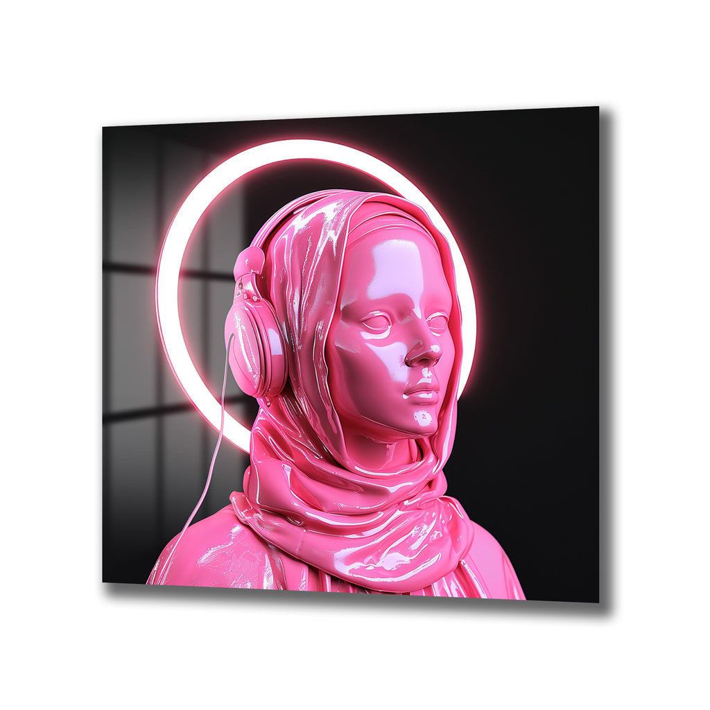 Pembe Neon Haleli Fütüristik Kadın Cam Tablo