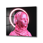 Pembe Neon Haleli Fütüristik Kadın Cam Tablo