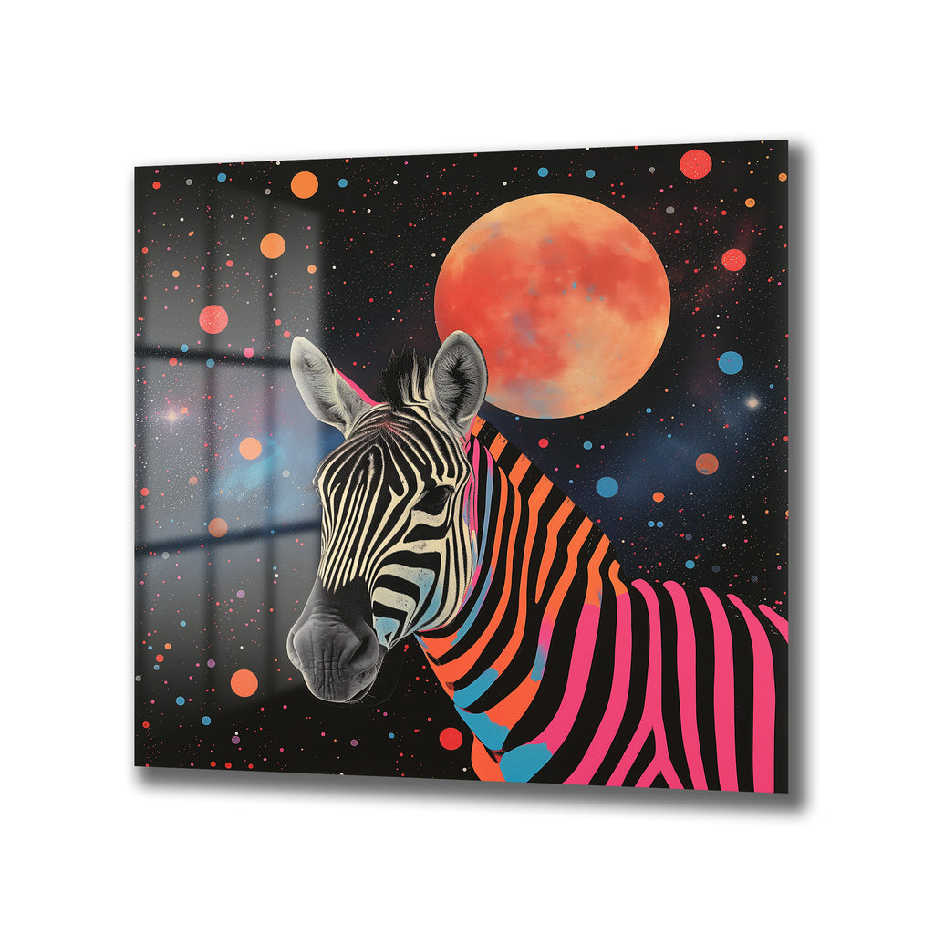 Uzaydaki Neon Zebra Temalı Dekoratif Cam Tablo