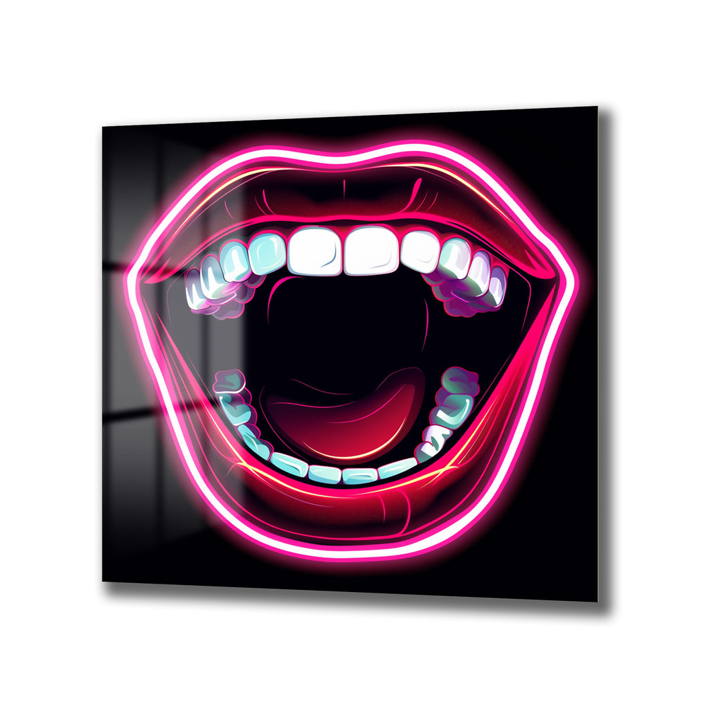 Neon Dudaklar Pop Art Cam Tablo - Enerjik Duvar Sanatı