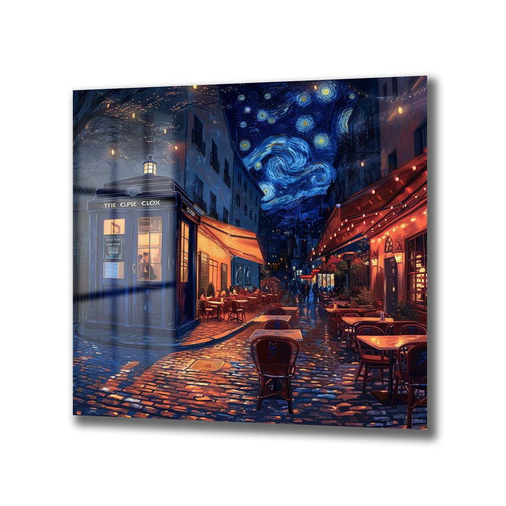 Yıldızlı Gece Paris Sokağı ve Gizemli TARDIS Cam Tablo