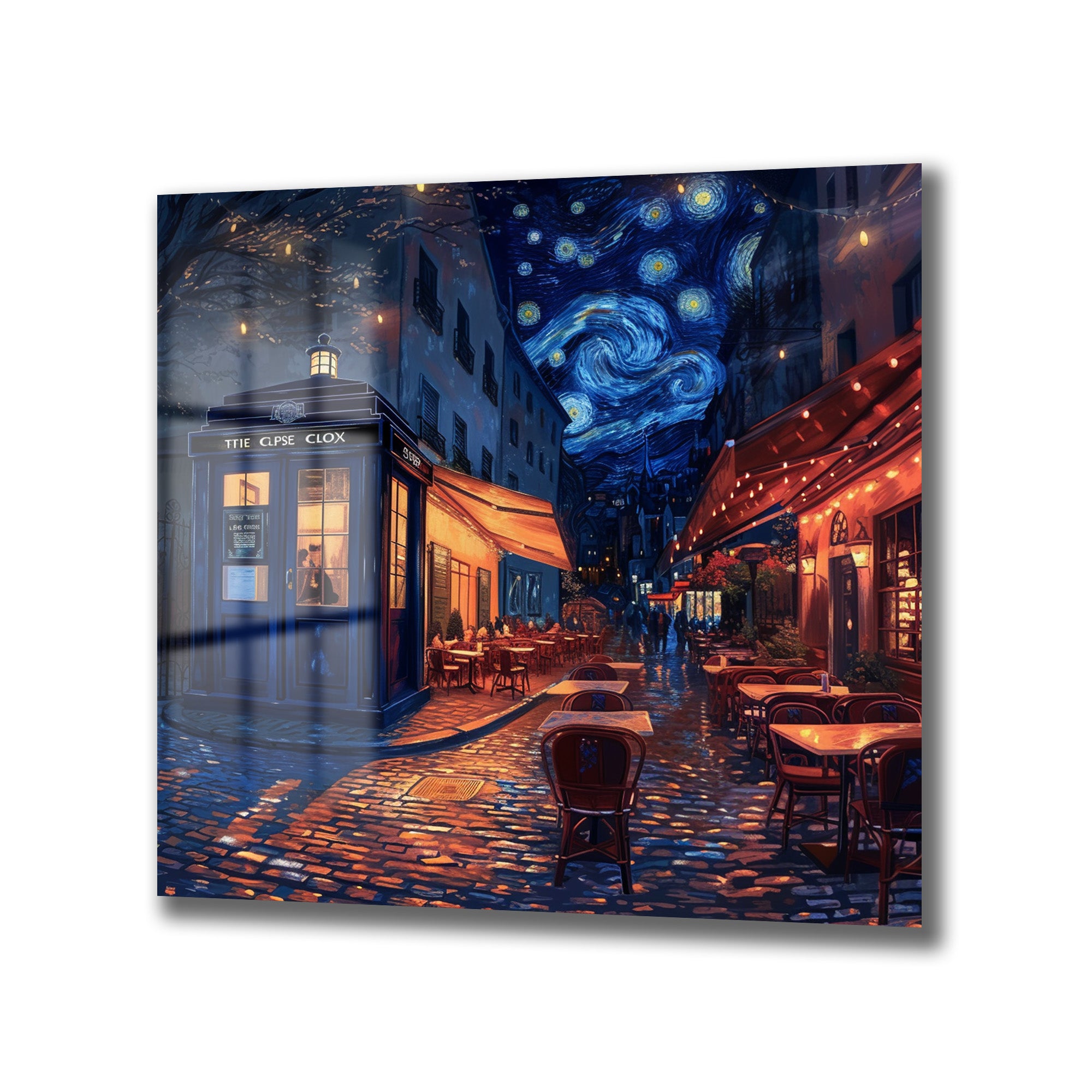 Yıldızlı Gece Paris Sokağı ve Gizemli TARDIS Cam Tablo