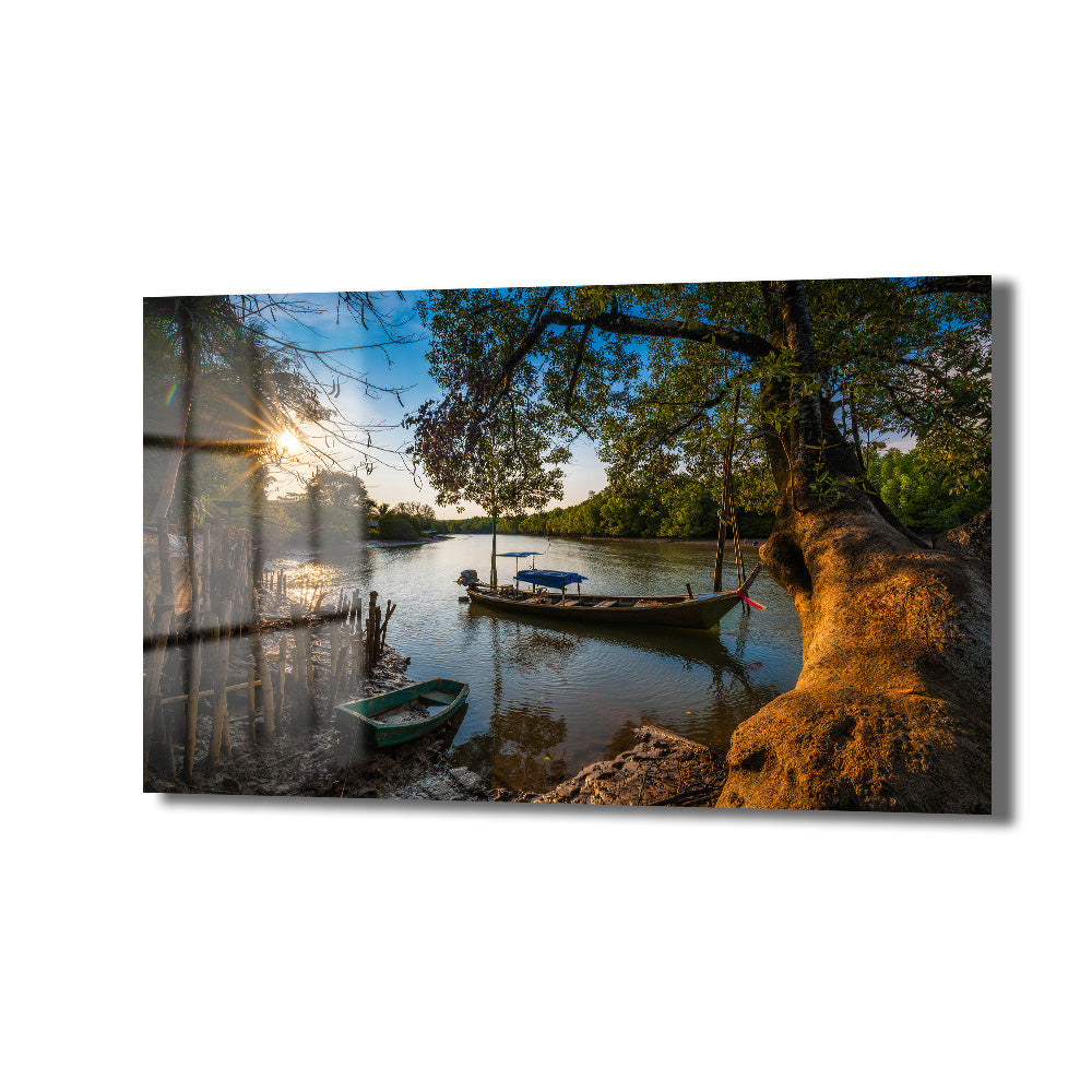Altın Saatler: Nehirde Gün Batımı Manzaralı Temperli Cam Tablo