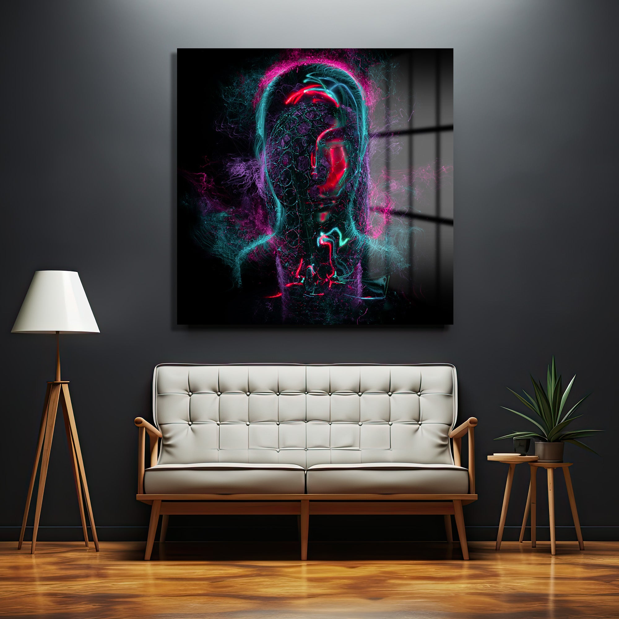 Neon Enerji İnsan Figürü Modern Cam Tablo