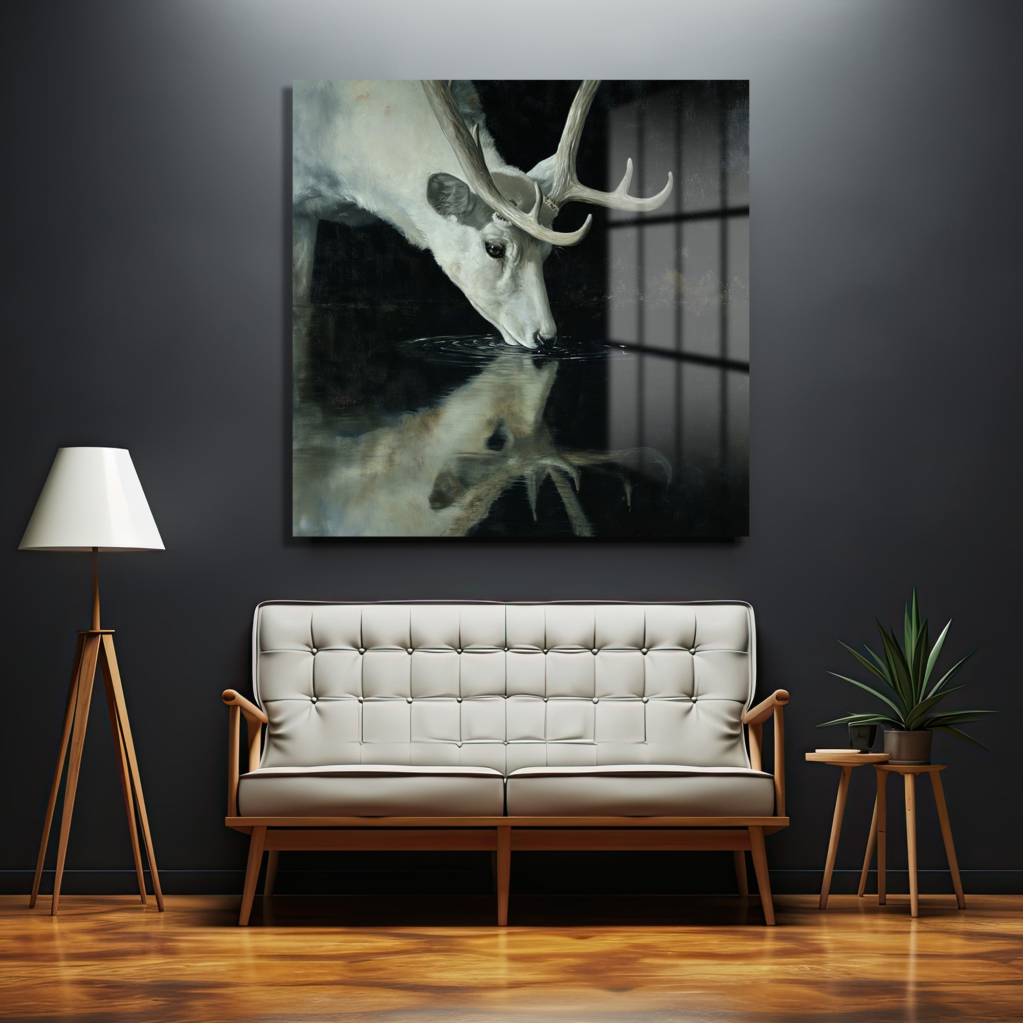 Ruhani Beyaz Geyik Su Başında Sanatsal Cam Tablo