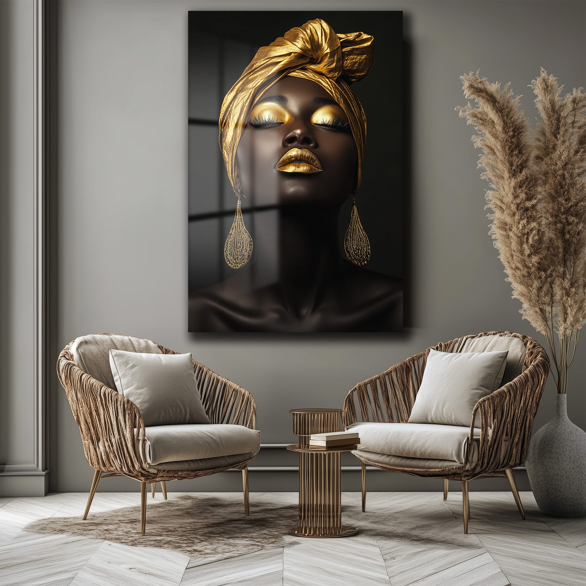 Altın Dokunuşların Büyüsü: Lüks Modern Afro Kadın Cam Tablo