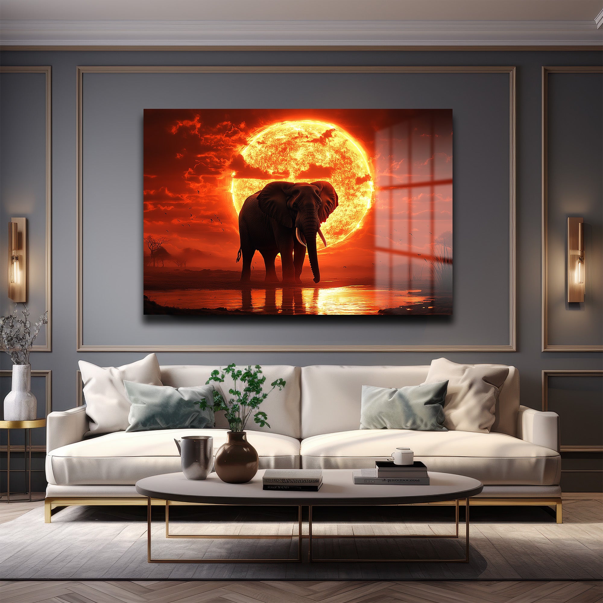 Afrika Gün Batımı: Güneşin Ateşi ve Fil Cam Tablo