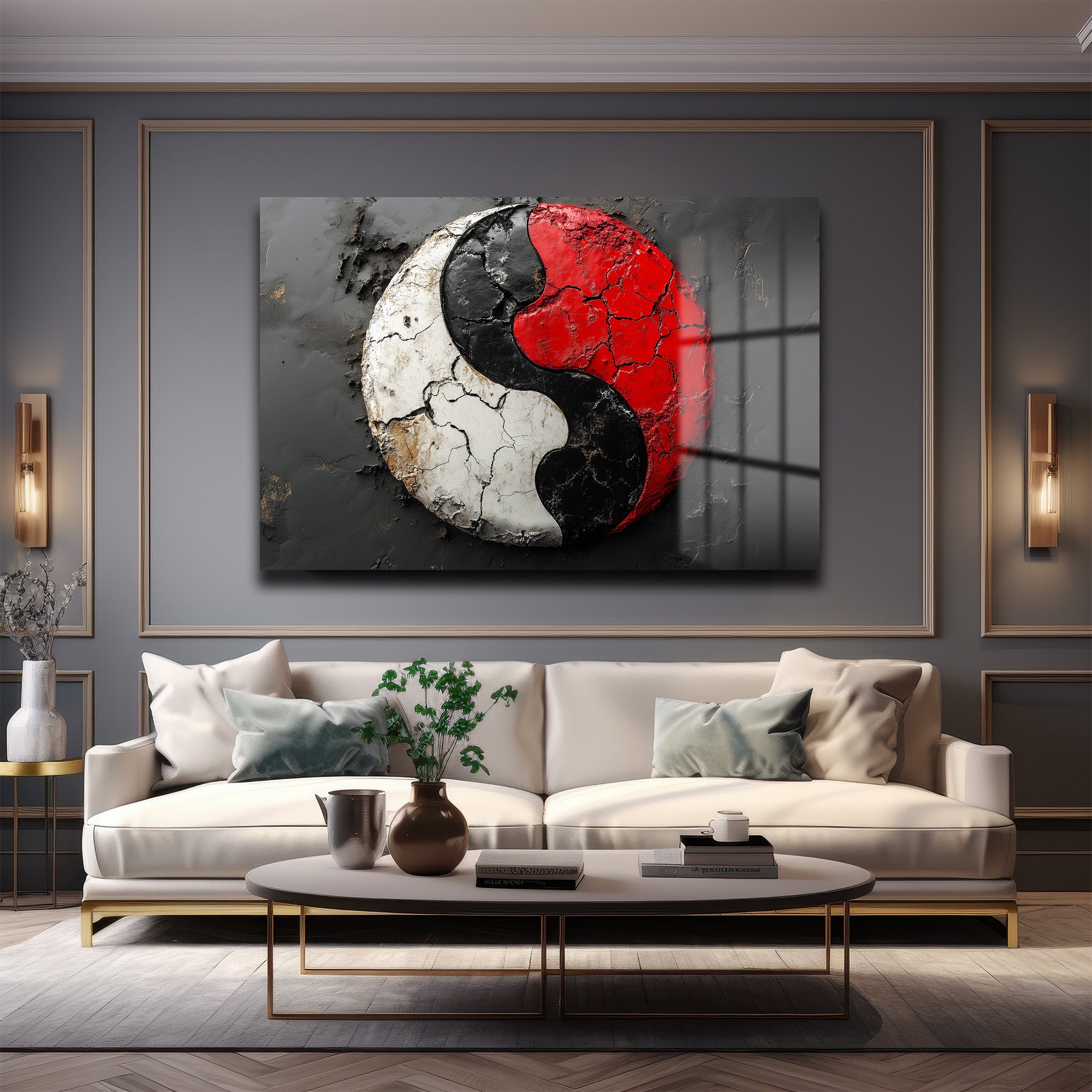 Kırık Dengenin Gücü: Kırmızı Siyah Yin Yang Soyut Cam Tablo