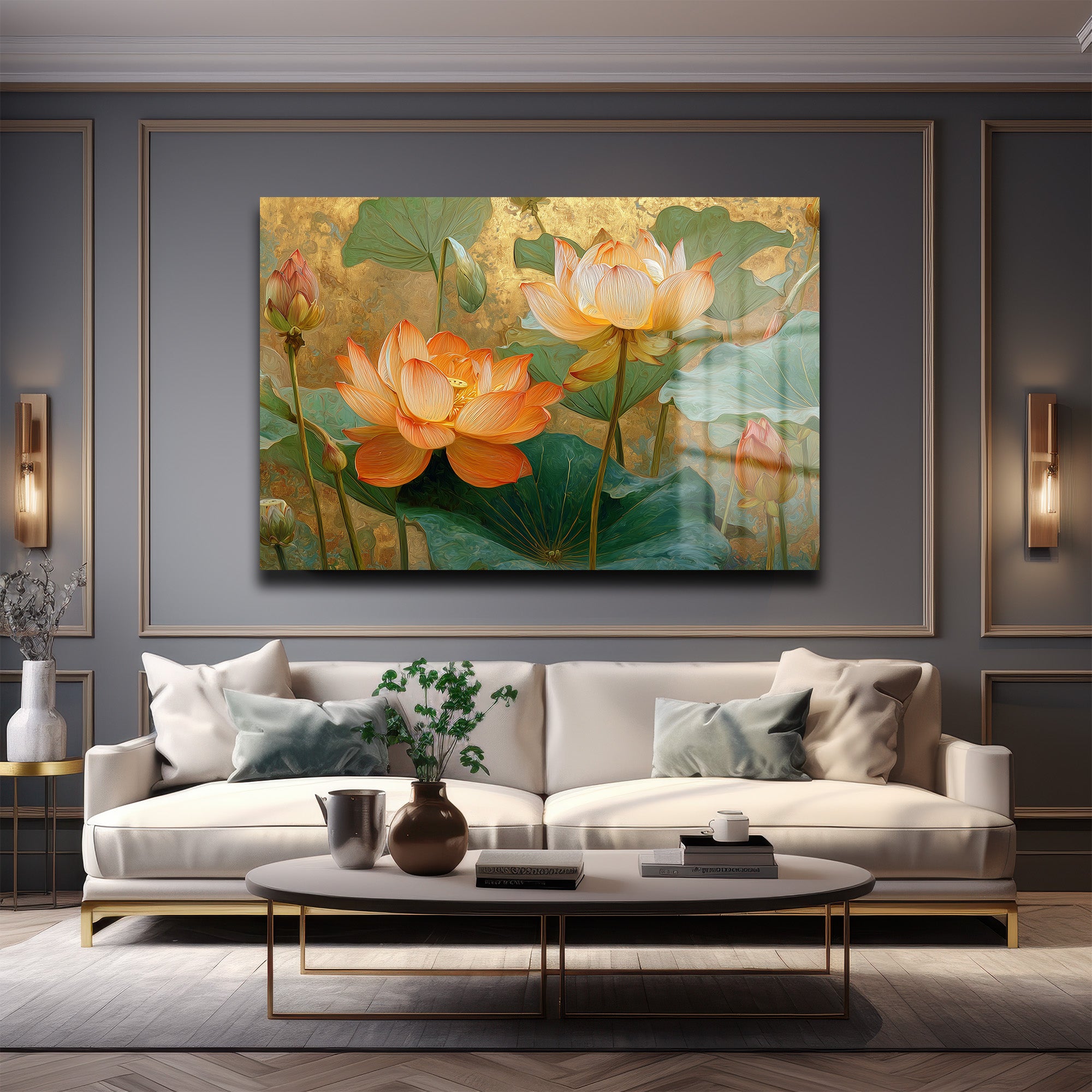 Altın Işıltılı Lotus Bahçesi: Estetik Temperli Cam Tablo