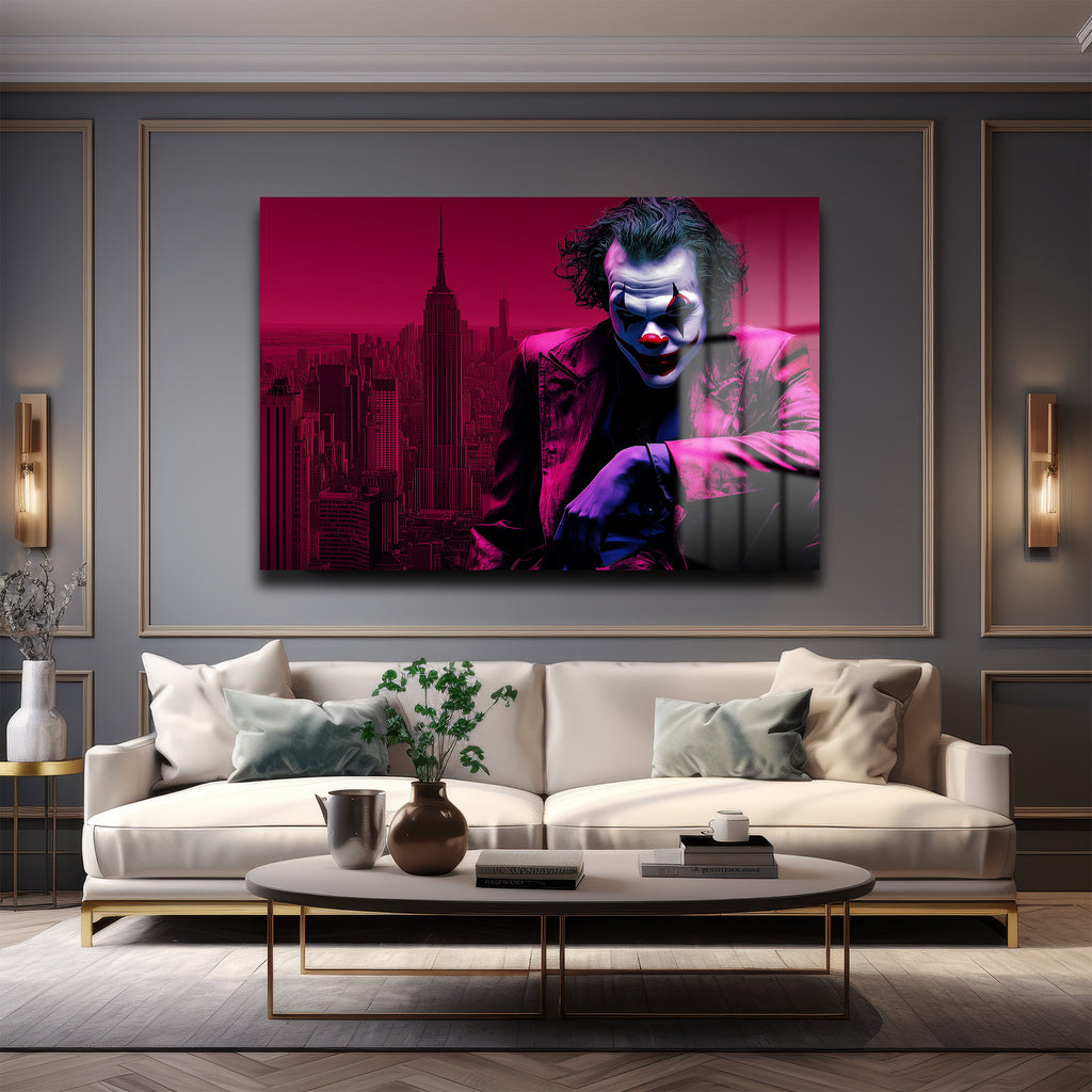 Joker'in Şehirdeki İzi: Kırmızı Gotham Temalı Temperli Cam Tablo
