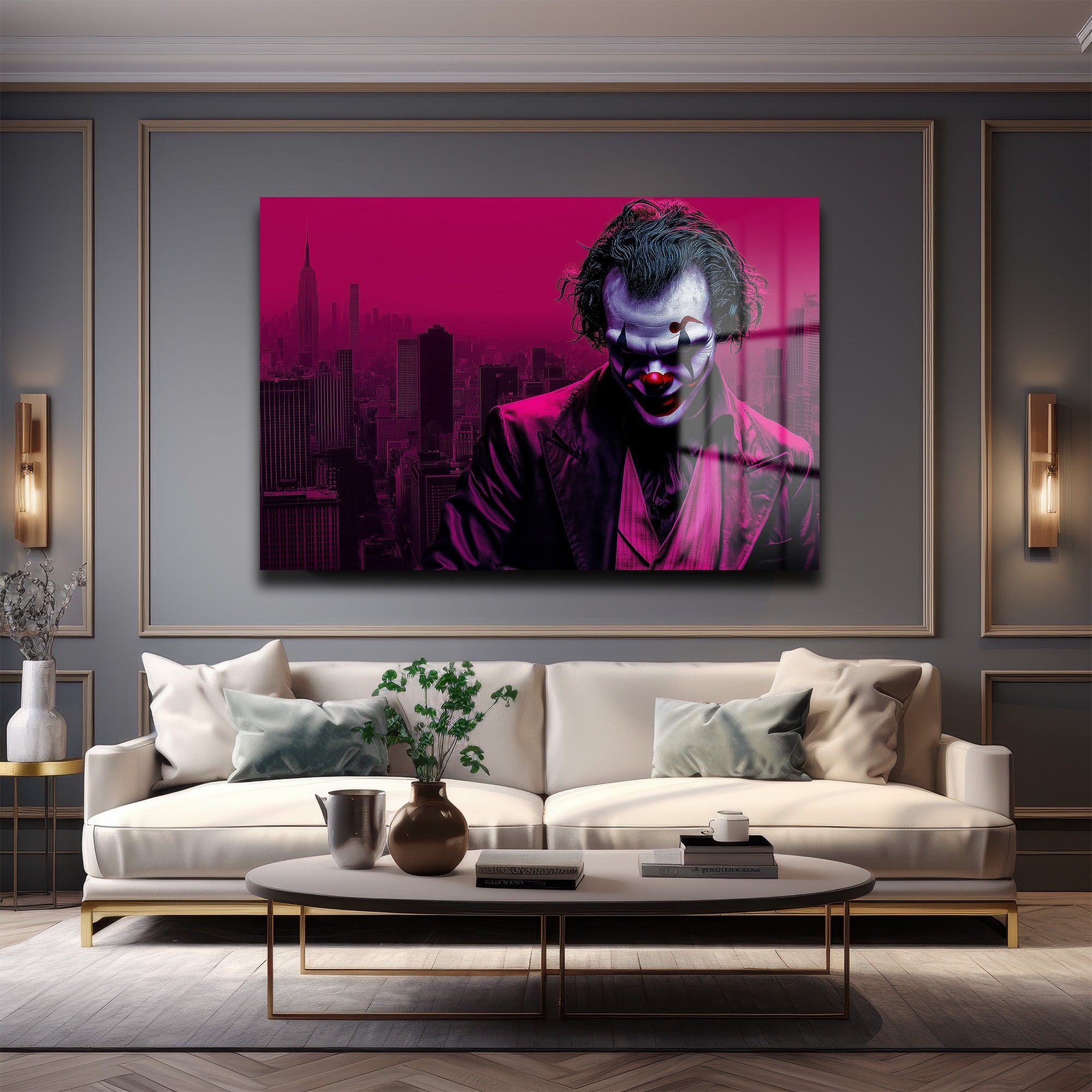 Joker'in Şehri: Koyu Pembe Gotham Temalı Modern Cam Tablo