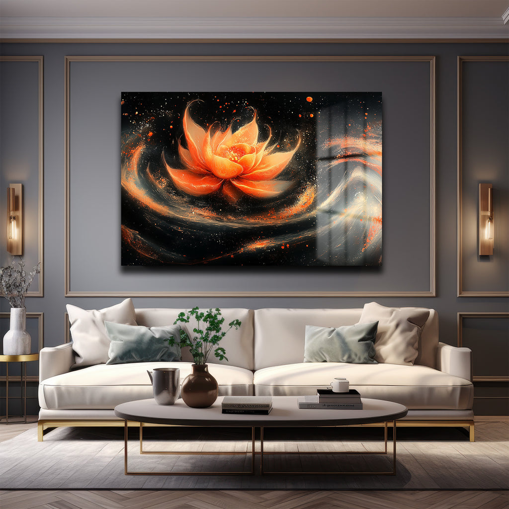 Işıltılı Enerji: Soyut Lotus Cam Tablo