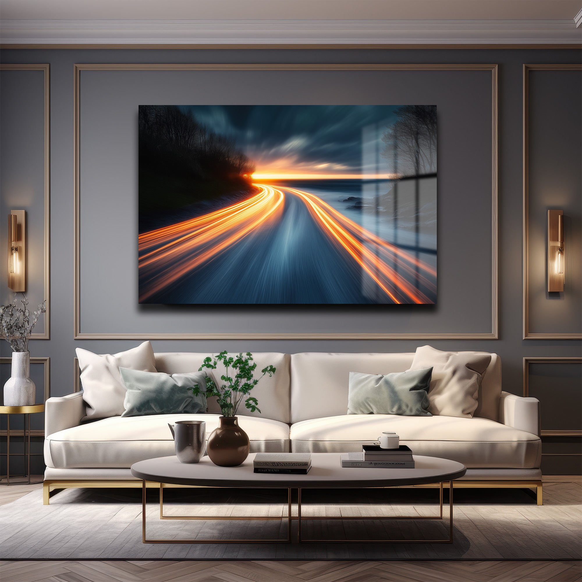 Dinamik Yolculuk: Gün Batımı Işık İzleri Modern Cam Tablo
