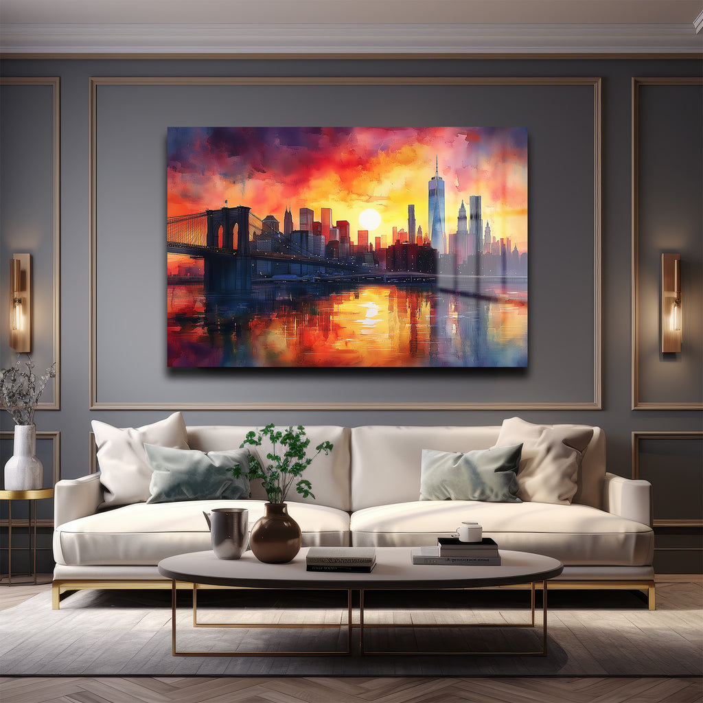 Büyüleyici Gün Batımı: Brooklyn Köprüsü New York Cam Tablo