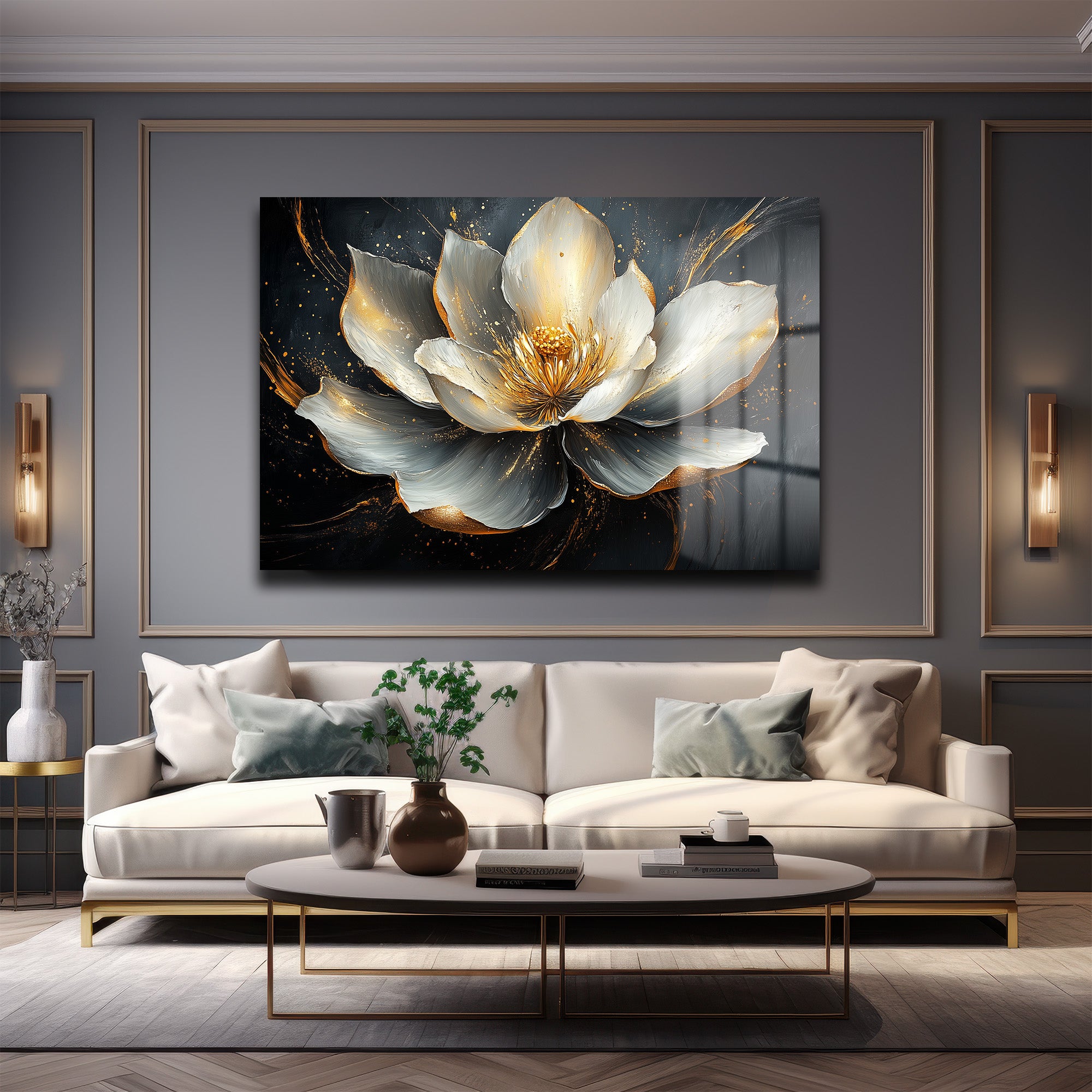 Altın Dokunuşlu Lotus Zarafeti: Modern Lüks Çiçek Cam Tablo