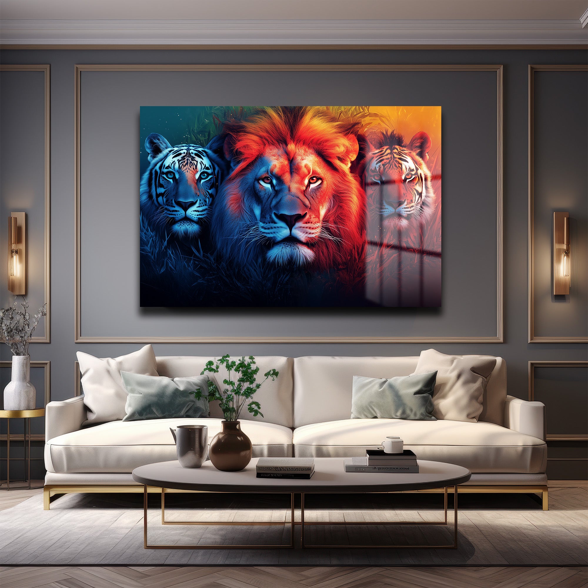 Vahşi Ruhların Dansı: Aslan ve Kaplanlar Temalı Modern Cam Tablo