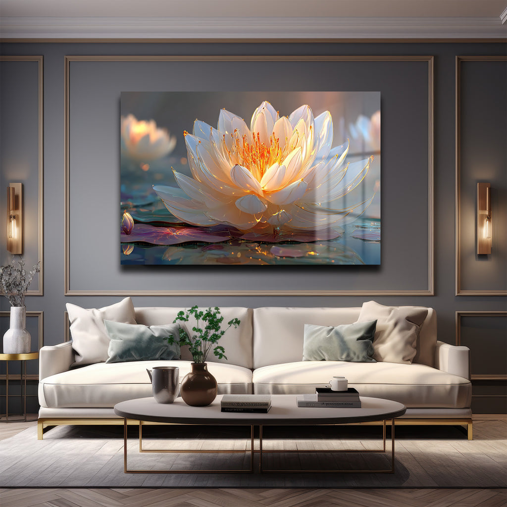 Altın Işıltılı Lotus: Huzur Veren Modern Cam Tablo