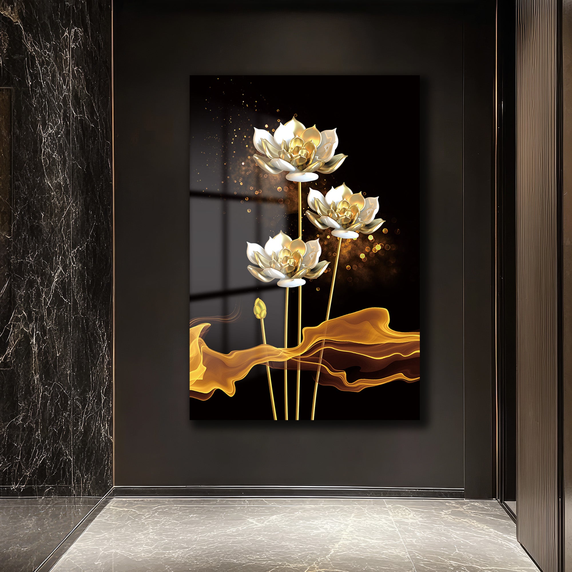 Lüks Altın Lotus Çiçekleri Cam Tablo | Modern Duvar Sanatı
