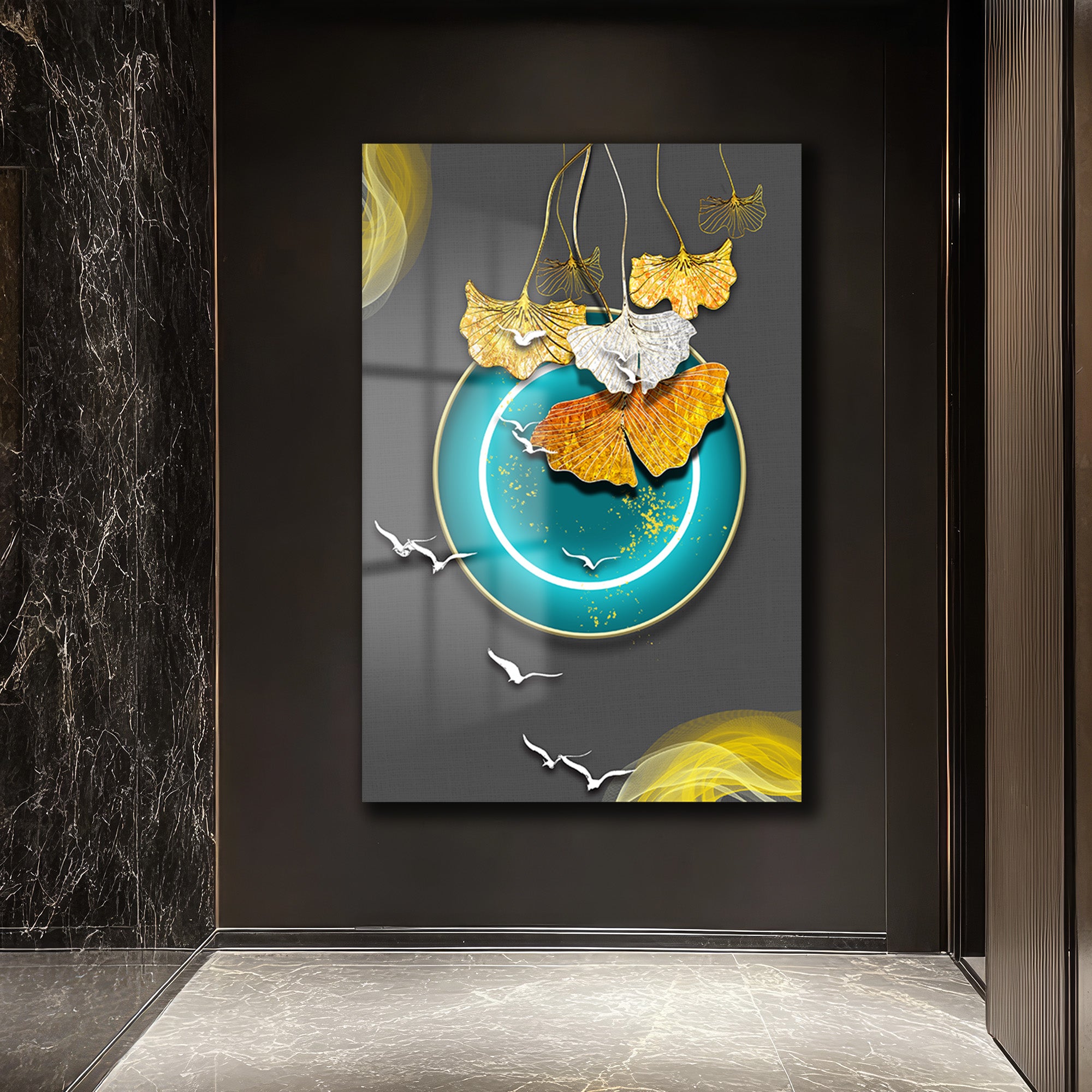 Ginkgo Yaprakları ve Teal Çemberli Modern Sanat Cam Tablo