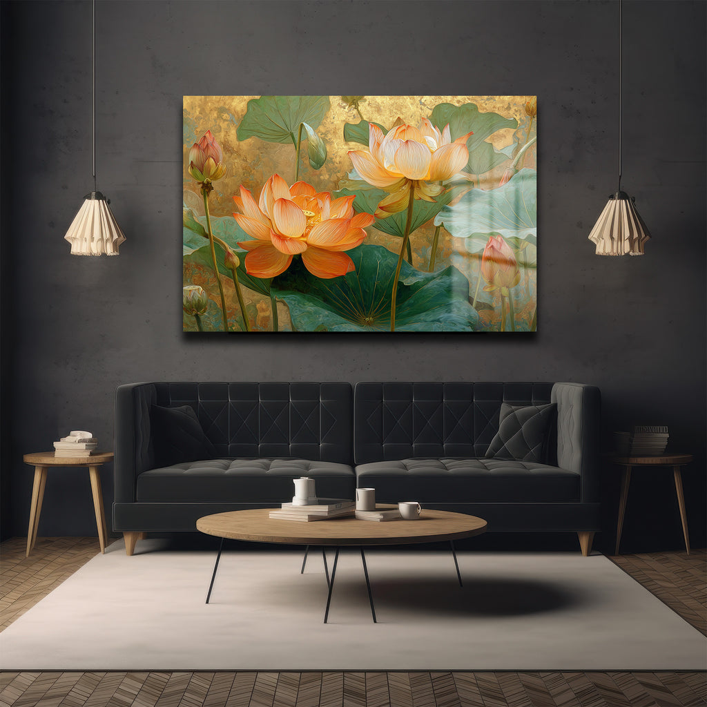 Altın Işıltılı Lotus Bahçesi: Estetik Temperli Cam Tablo