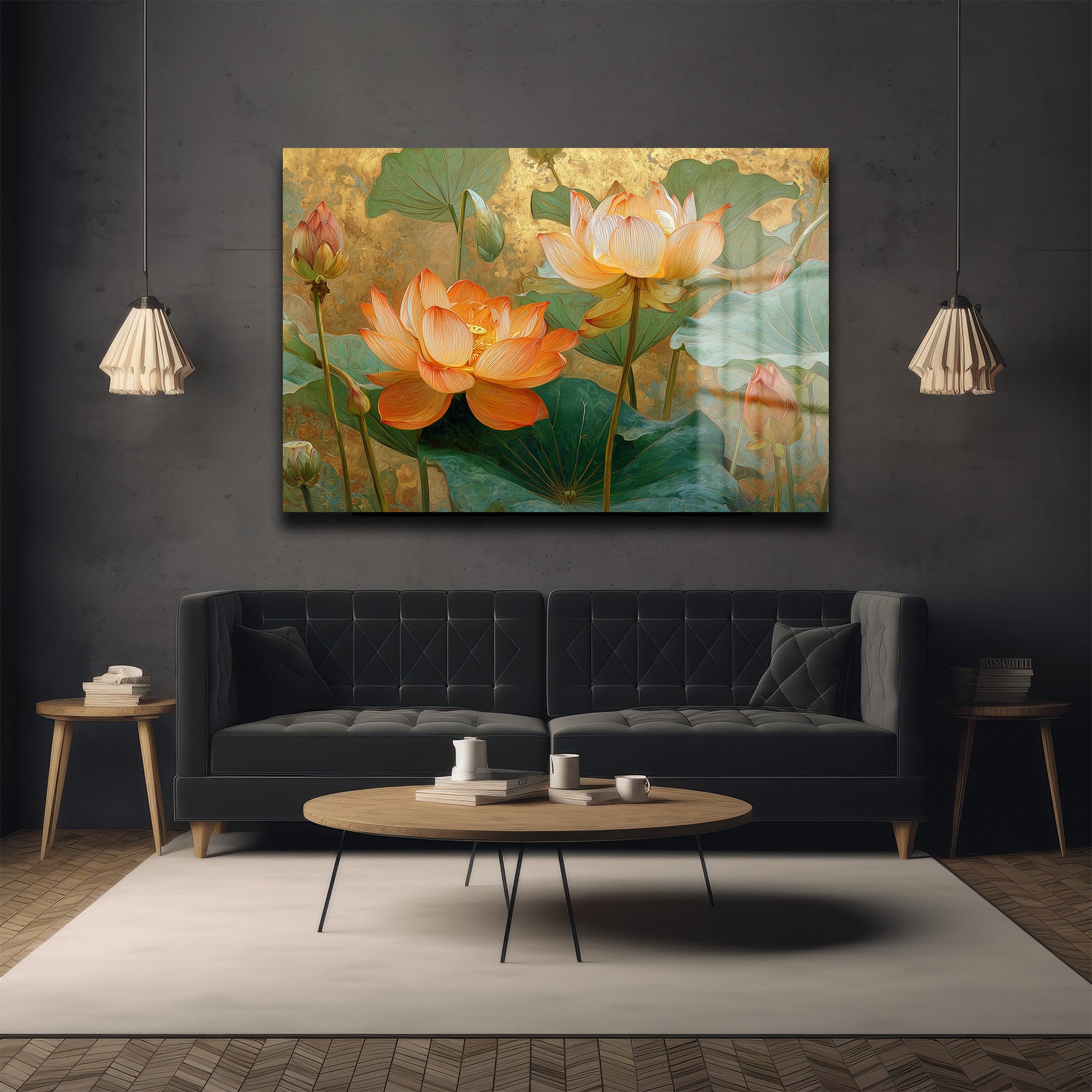 Altın Işıltılı Lotus Bahçesi: Estetik Temperli Cam Tablo