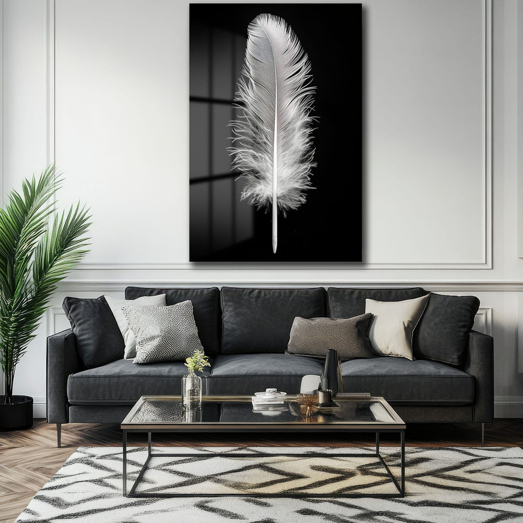Beyaz Tüyün Zarafeti: Minimalist Siyah Beyaz Temperli Cam Tablo