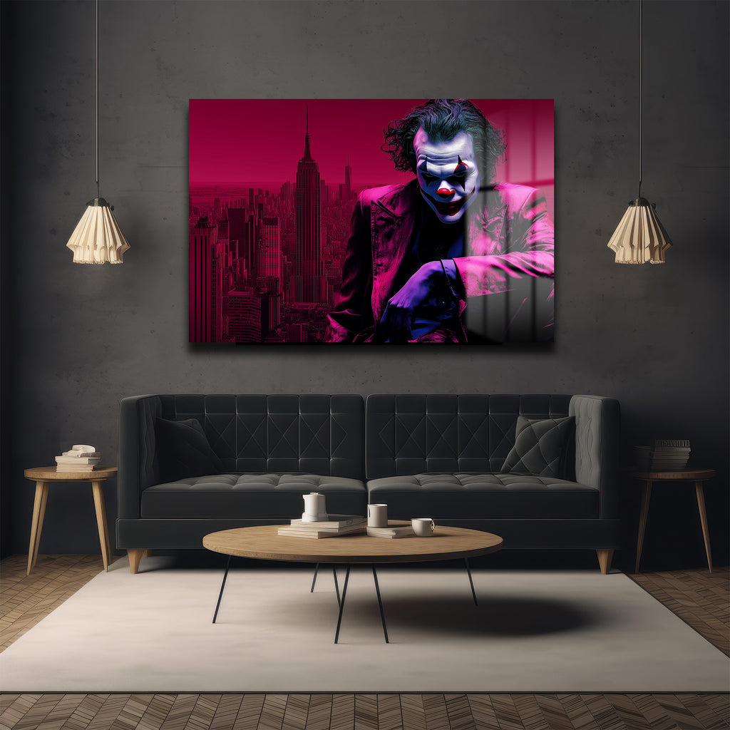 Joker'in Şehirdeki İzi: Kırmızı Gotham Temalı Temperli Cam Tablo